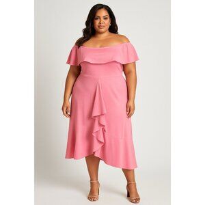 Ashley Stewart Ruffled Midi Dress Women’s 30/32 Pink Off Shoulder Party Cocktail